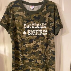 LuLaRoe Camo Shirt with Backroads and Bonfires in size XLarge